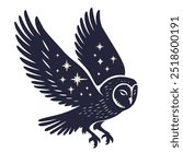 Barn owl flying. Magic owl with stars. Vector illustration.