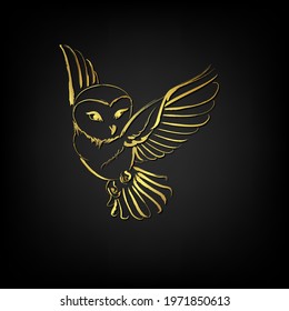 Barn owl flying over black background ,illustration Golden border tattoo over black background