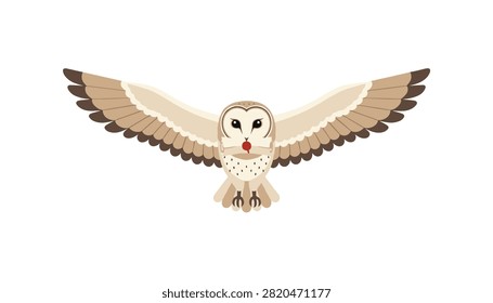 Barn owl flying with wings spread wide while carrying a message in its beak.