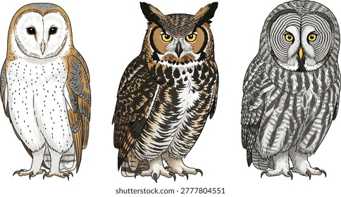 Barn Owl, Great Horned Owl, Great Gray Owl, bird species, owl comparison, wildlife, nocturnal birds, forest animals, flat vector illustration