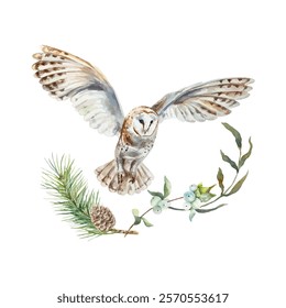 Barn owl with green twig, spruce branch and cone, watercolor. Vector illustration of forest bird. Cards, invitations, covers, wildlife protection day.