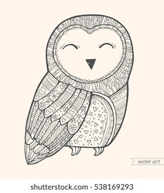 Barn owl isolated. Cute pattern bird. Vector black white. Coloring book page for adult. Zentangle forest animal. Hand drawn artwork. Boho illustration, gift greeting card, ticket, t-shirt print, label