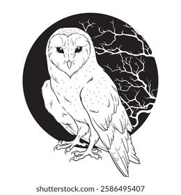 Barn Owl night bird of prey hand drawn line art gothic tattoo design isolated vector illustration