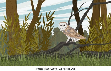 Barn owl sitting on a branch in the forest. Realistic vector landscape