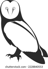 Barn owl wild bird. Black and white silhouette of a bird. Vector illustration.