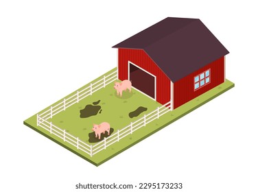 Barn with pigs. Animals stand in mud on grass behind white fence near red building. Livestock and cattle in paddock. Countryside and farming. Cartoon isometric vector illustration