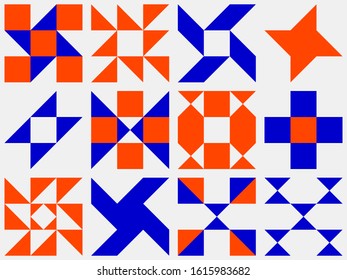 Barn Quilt Pattern Collection, Amish Patchwork Design, Abstract Geometric Tiled Vector, Square Block Illustration