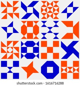 Barn Quilt Pattern Collection, Amish Patchwork Design, Abstract Geometric Tiled Vector, Square Block Illustration