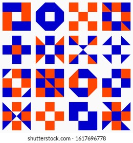 Barn Quilt Pattern Collection, Amish Patchwork Design, Abstract Geometric Tiled Vector, Square Block Illustration