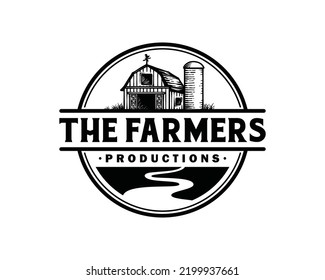 Barn or red barn with river illustration symbol icon vintage logo vector. Farm hand drawn logo design