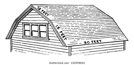Barn Roof has two slopes on each side positioned at a shallow angle lower slope is steep vintage line drawing or engraving illustration.