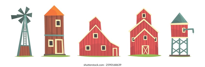 Barn Rural House and Granary Construction Vector Set