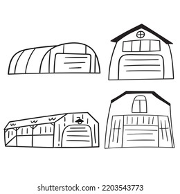 Barn. Set Of Outline Hand Drawn Vector Illustrations On White Background.