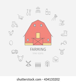 Barn. Shack. Shed. Farmhouse, outbuilding, stable, warehouse, gambrel roof. Thin line icon set. Vector illustration.