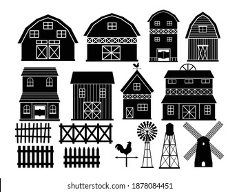 Barn silhouette set. Collection of different farm houses. Farm barn. Vector illustration of wooden buildings.