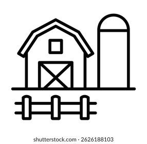 Celeiro com silo e cerca. Ilustração vetorial. Traçado editável