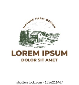 Barn and silo in the middle of farm field - logo hand drawn template