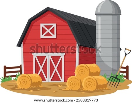 Barn and silo with surrounding hay bales depicted clearly