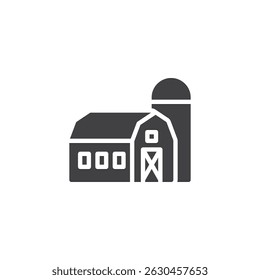 Ícone vetor de celeiro e silo. sinal plano preenchido para conceito móvel e web design. Ícone de glifo do Farm Barn. Símbolo de armazenamento de corte, ilustração do logotipo. Gráficos vetoriais
