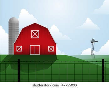 Barn, silo and windmill on an open, rolling plain