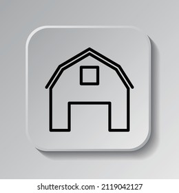 Icono de Barn simple. Diseño plano. Icono negro en botón cuadrado con sombra. Fondo gris.ai