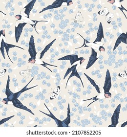 Barn Swallow bird fly with forget-me-not flowers and butterflies vector seamless pattern. Vintage romantic nature hand drawn print. Cottage core aesthetic background.