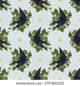 Barn swallow bird vector seamless pattern. Cute flying hirundo rustica character on birch tree branches with green leaves, spring wildlife wallpaper, repeating textile fabric background template