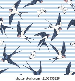Barn Swallow flying bird and butterflies on stripes vector seamless pattern. Vintage romantic nature hand drawn print. Navy Chic aesthetic background.