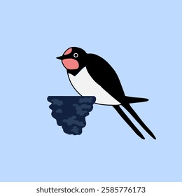 Barn Swallow with Long Tail and Sharp Wings on a blue background. Cartoon simple flat illustration.