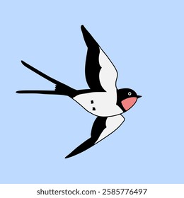 Barn Swallow with Long Tail and Sharp Wings on a blue background. Cartoon simple flat illustration.