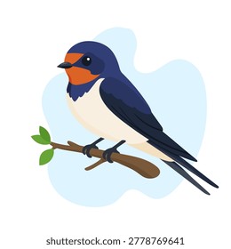 Barn swallow perched on branch in minimal flat vector style, barn swallow isolated with trendy shapes for wildlife nursery illustration