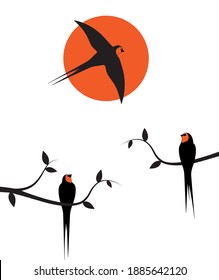 Barn swallow silhouette on branch on sunset, vector. Two birds silhouettes on wire isolated on white background. Minimalist art design. Scandinavian poster design. Wall art, artwork, wall decals