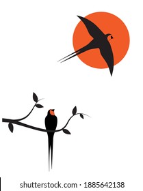 Barn swallow silhouette on branch on sunset, vector. Two birds silhouettes on wire isolated on white background. Minimalist art design. Scandinavian poster design. Wall art, artwork, wall decals