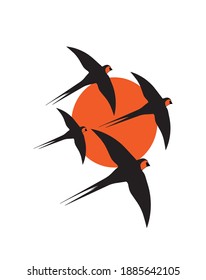 Barn swallow silhouette on sunset isolated on white background, vector.  Minimalist art design. Scandinavian poster design. Wall art, artwork, wall decals