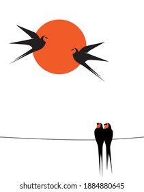 Barn swallow silhouette on wire on sunset, vector. Two birds silhouettes on wire isolated on white background. Minimalist art design. Scandinavian poster design. Wall art, artwork, wall decals