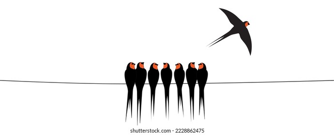 Barn swallow silhouette on wire, vector. Barn swallow birds silhouettes on wire isolated on white background. Minimalist art design. Wall art, artwork, wall decals