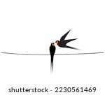 Barn swallow silhouettes on wire, vector. Flying swallow birds illustration on sunset isolated on white background. Three swallow birds. Concept of love and freedom