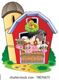 Barn with various farm animals - vector illustration.