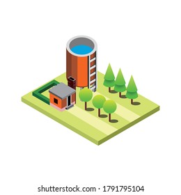 Barn with Water Silo Isometric Flat icon Illustration