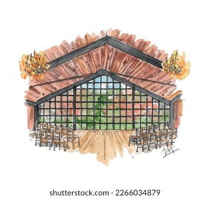 Interior de la ceremonia de boda de Barn. Otoño, otoño, sillas, rústico, acuarela ilustración de sketch. Vector aislado.