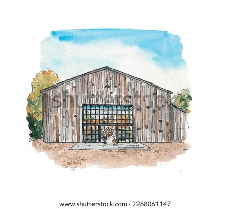 Barn wedding exterior, bride and groom, rural. Watercolor sketch illustration. Isolated vector.