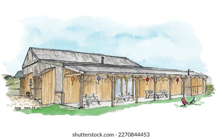 Barn wedding venue, no people, rural rustic reception. Watercolor sketch illustration. Isolated vector. 