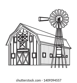 barn and wind turbine icon cartoon isolated black and white vector illustration graphic design