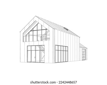 Barnhouse. Modern two-storey house. 3D suburban house model. Drawing of the modern building. Cottage project on white background. Vector blueprint.