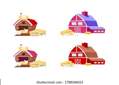 Barns and chicken coops flat color vector objects set. Red sheds with hay. Chicken at henhouse. Farming isolated cartoon illustration for web graphic design and animation collection