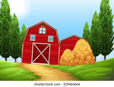 Barns and haystack in the farmland illustration
