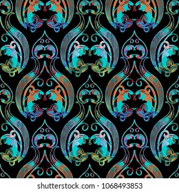 Barogue vintage seamless pattern. Vector floral  background. Striped  colorful flowers, leaves, swirls, scrolls. Antique damask ornaments in victorian style. Luxury wallpaper. Modern ornate design