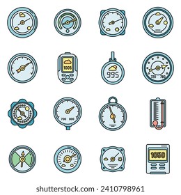 Barometer control icons set. Outline set of barometer control vector icons thin line color flat on white