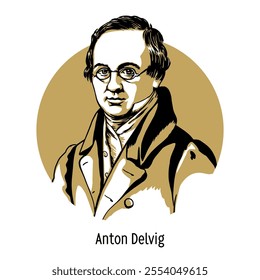 Baron Anton Delvig - Russian poet, literary critic and publisher, the leading representative of romantic poetry Vector illustration, hand drawn