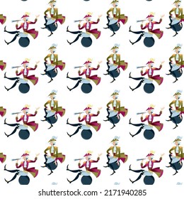 Baron (character Of German Fairy Tale) With Spyglass Flies On а Cannonball. Seamless Background Pattern. Vector Illustration

